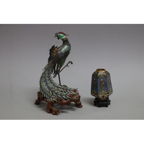 116 - Small Chinese cloisonne hexagonal vase with wooden stand along with a phoenix figure set with glass ... 