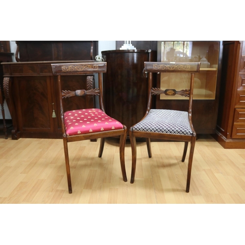 197 - Pair of antique Regency revival floral marquetry inlaid back chairs, with Sabre front legs, drop on ... 