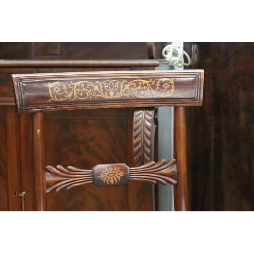 197 - Pair of antique Regency revival floral marquetry inlaid back chairs, with Sabre front legs, drop on ... 