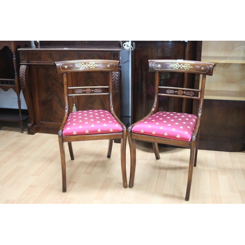 198 - Pair of Regency revival brass inlaid chairs, with bee satin upholstered drop on seats (2)