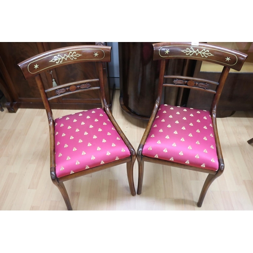 198 - Pair of Regency revival brass inlaid chairs, with bee satin upholstered drop on seats (2)