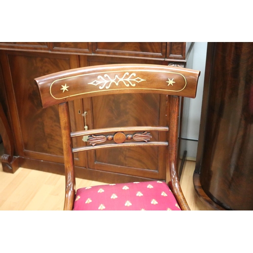 198 - Pair of Regency revival brass inlaid chairs, with bee satin upholstered drop on seats (2)