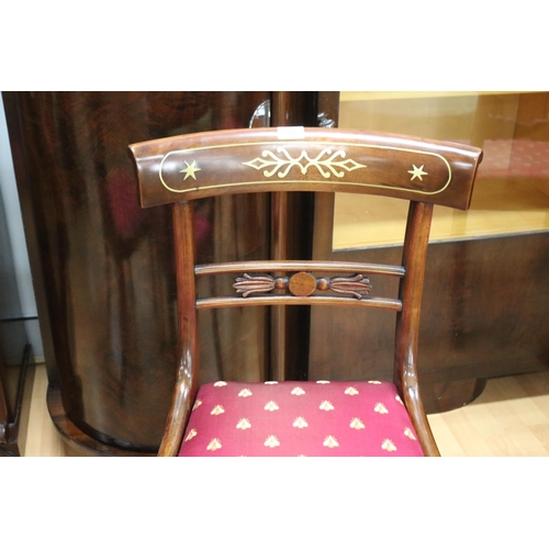 198 - Pair of Regency revival brass inlaid chairs, with bee satin upholstered drop on seats (2)