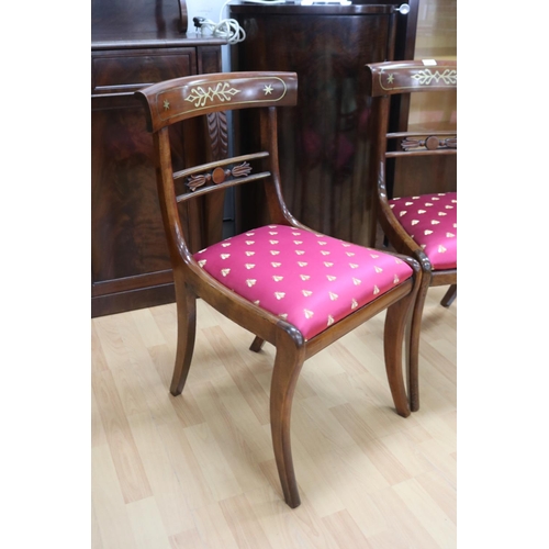 198 - Pair of Regency revival brass inlaid chairs, with bee satin upholstered drop on seats (2)