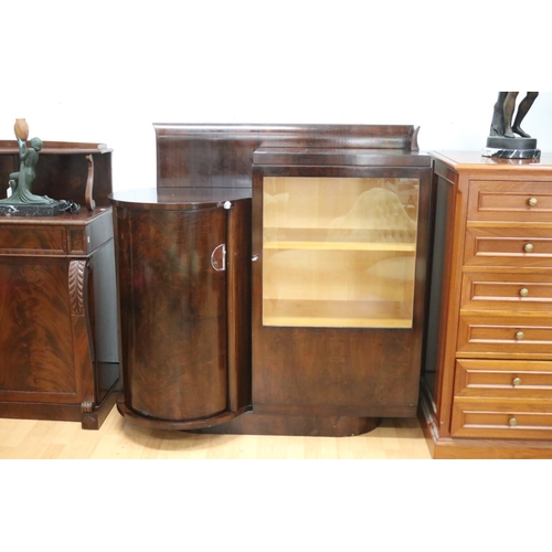 201 - Good Art Deco stained walnut cocktail cabinet with side revolving cylinder cabinet, flanked by a gla... 