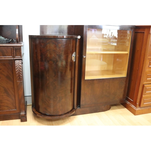 201 - Good Art Deco stained walnut cocktail cabinet with side revolving cylinder cabinet, flanked by a gla... 