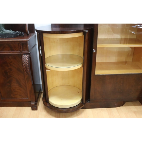 201 - Good Art Deco stained walnut cocktail cabinet with side revolving cylinder cabinet, flanked by a gla... 