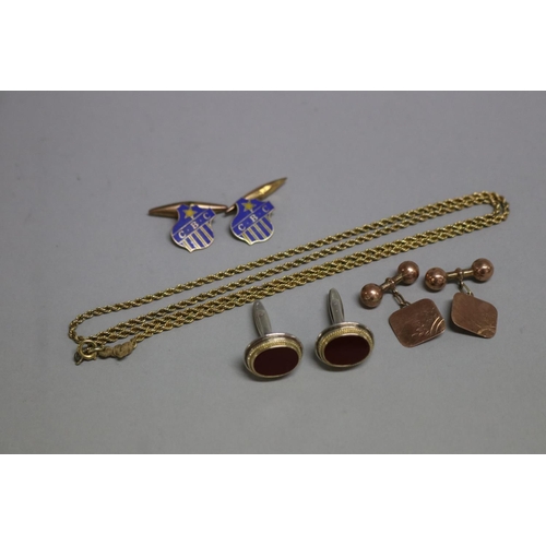 243 - Two pairs of 9ct gold cufflinks and gold chain along with a pair of silver and gold  cufflinks, appr... 