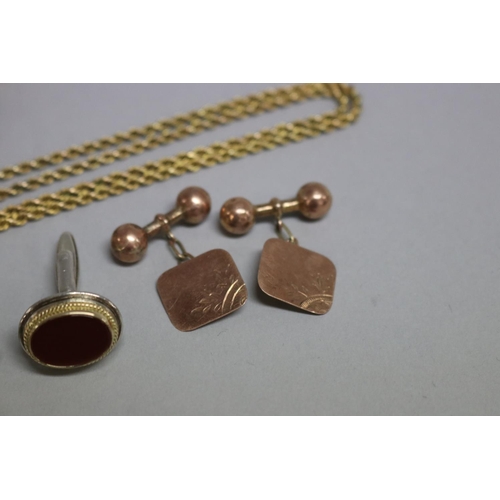 243 - Two pairs of 9ct gold cufflinks and gold chain along with a pair of silver and gold  cufflinks, appr... 