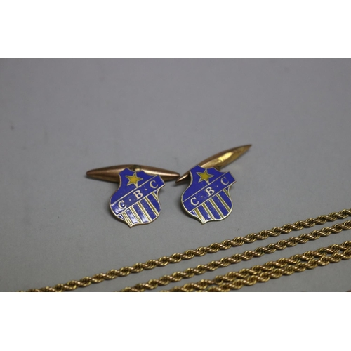 243 - Two pairs of 9ct gold cufflinks and gold chain along with a pair of silver and gold  cufflinks, appr... 