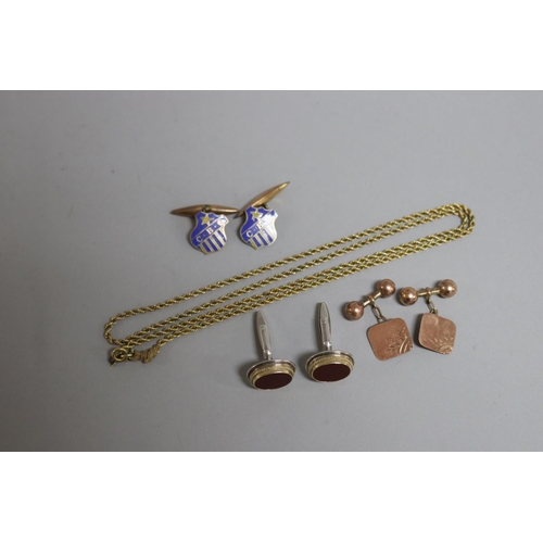 243 - Two pairs of 9ct gold cufflinks and gold chain along with a pair of silver and gold  cufflinks, appr... 