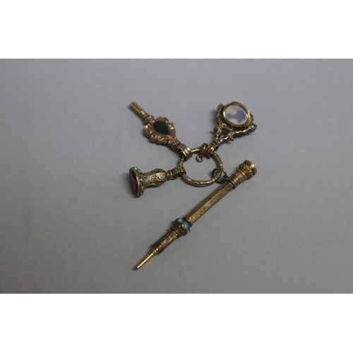 248 - Antique Victorian  miniature rolled gold and gilt chatelaine to include in retractable pencil, clock... 