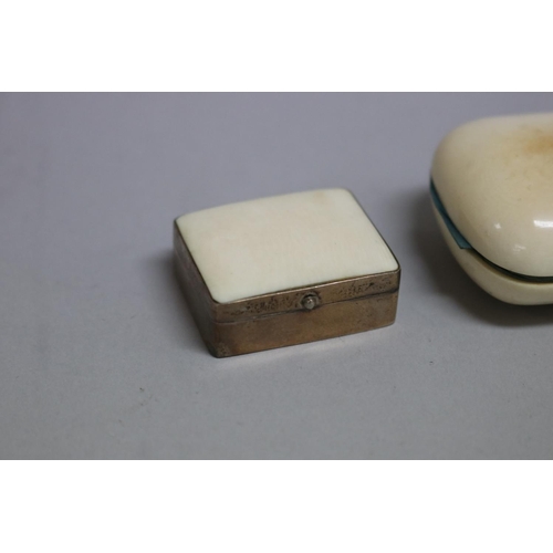 258 - Antique ivory coin purse, a small circular ivory box and silver and ivory pill box, approx 8cm W and... 