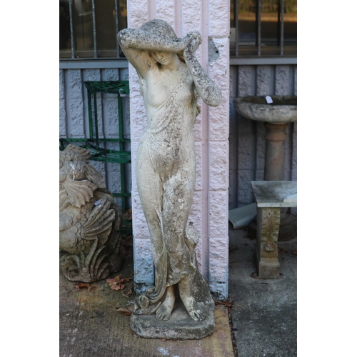 1630 - Composite stone garden statue of a young nude woman, covering her face, approx 115cm H x 33cm L x 30... 