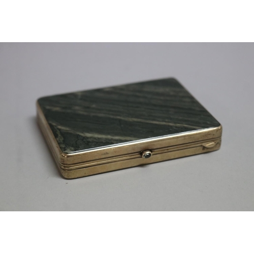 256 - Russian silver gilt nephrite cigarette box with cabochon aquamarine, approx 1.5cm H x 9cm W x 7cm D