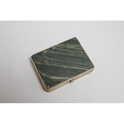 256 - Russian silver gilt nephrite cigarette box with cabochon aquamarine, approx 1.5cm H x 9cm W x 7cm D