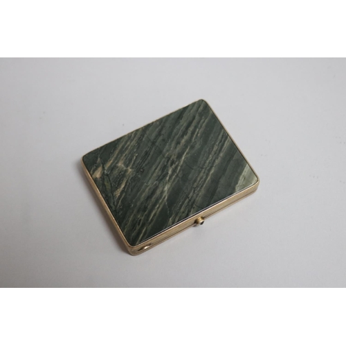 256 - Russian silver gilt nephrite cigarette box with cabochon aquamarine, approx 1.5cm H x 9cm W x 7cm D