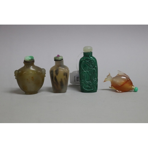 270 - Chinese Malachite snuff bottle and two agate snuff bottles along with a quartz snuff bottle in the f... 