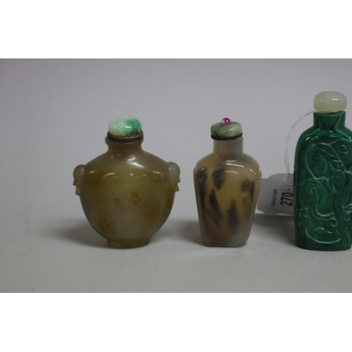 270 - Chinese Malachite snuff bottle and two agate snuff bottles along with a quartz snuff bottle in the f... 