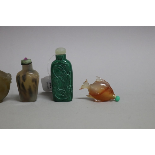 270 - Chinese Malachite snuff bottle and two agate snuff bottles along with a quartz snuff bottle in the f... 