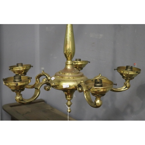 330 - Five branch brass hanging ceiling light, untested / unknown working condition, approx 50cm H (exclud... 