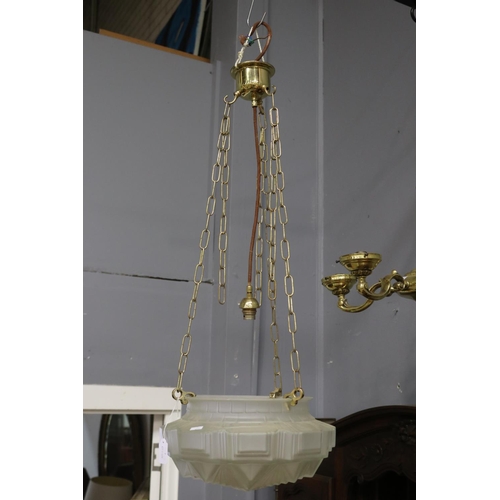 332 - Art Deco frosted glass ceiling shade on later brass chains, untested / unknown working condition, ap... 