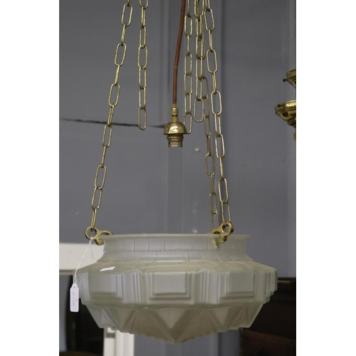 332 - Art Deco frosted glass ceiling shade on later brass chains, untested / unknown working condition, ap... 