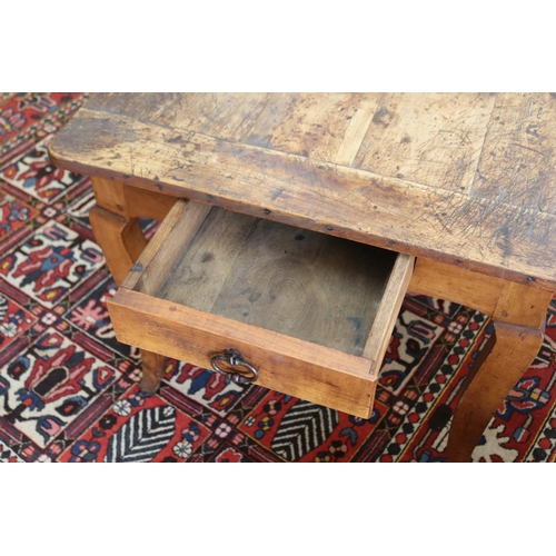 1028 - Antique French Louis XV style rustic fruitwood dining table, the cleated plank top above a slide and... 