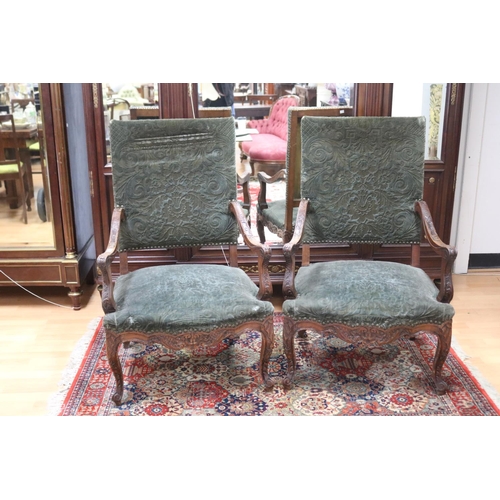1063 - Pair of antique early 19th century French Louis XV revival armchairs, carved walnut frames, with stu... 