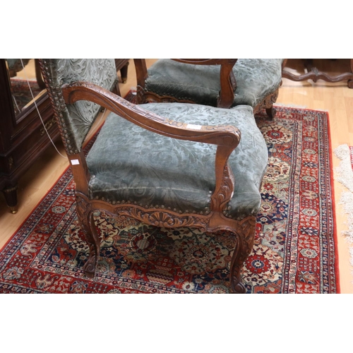 1063 - Pair of antique early 19th century French Louis XV revival armchairs, carved walnut frames, with stu... 
