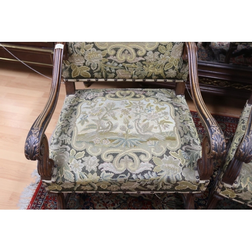 1070 - Fine pair of antique 19th century French carved walnut high back armchairs, with well carved leaf ca... 