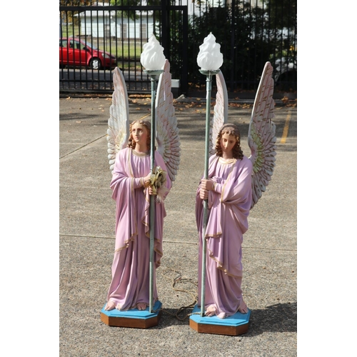 Pair of Church angel lamp statues, wood & painted plaster, untested / unknown working condition, approx 146cm H x 30cm L x 30cm W (base) (2)