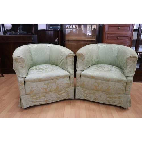 308 - Pair of tub arm chairs in celadon damask upholstery, each approx 73cm H x 75cm W x 80cm D (2)