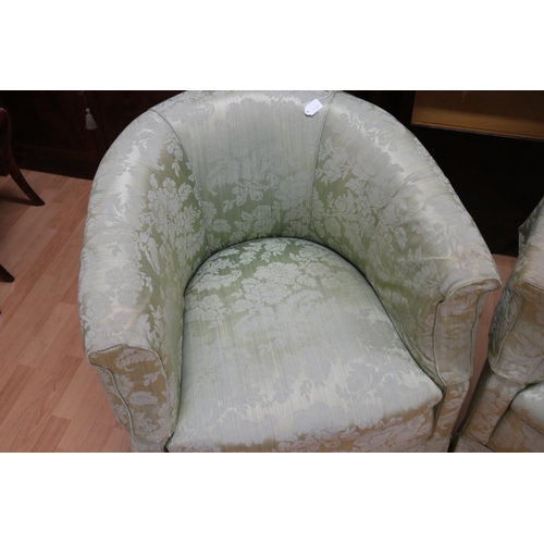 308 - Pair of tub arm chairs in celadon damask upholstery, each approx 73cm H x 75cm W x 80cm D (2)