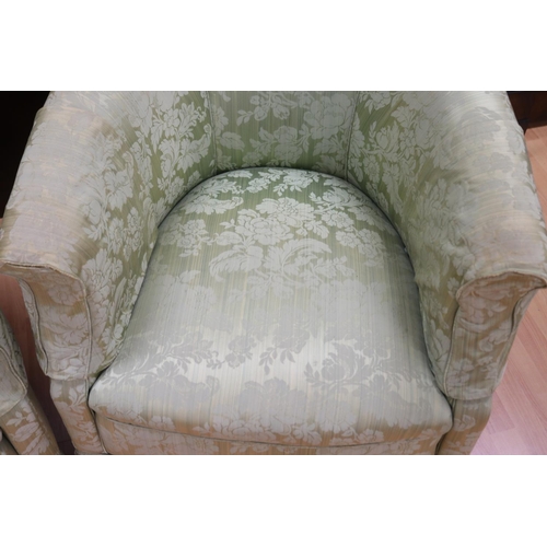 308 - Pair of tub arm chairs in celadon damask upholstery, each approx 73cm H x 75cm W x 80cm D (2)