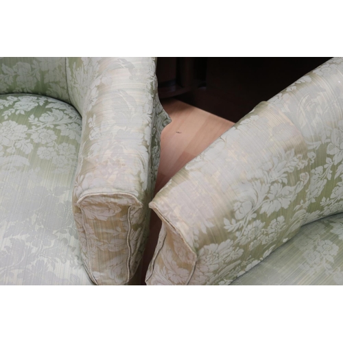 308 - Pair of tub arm chairs in celadon damask upholstery, each approx 73cm H x 75cm W x 80cm D (2)