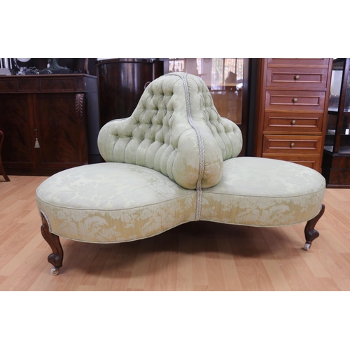 309 - Victorian conversational settee in button Damask upholstery on cabriole legs, approx 85cm H x 120cm ... 