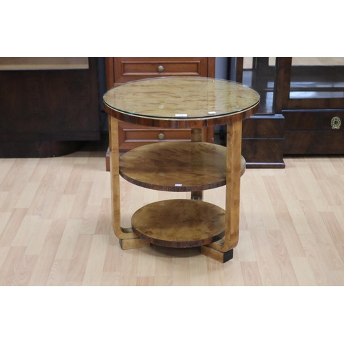 178 - Fine Art Deco satin birch circular tiered tapering shelf lamp table, approx 60cm H x 58cm Dia