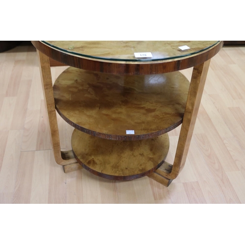 178 - Fine Art Deco satin birch circular tiered tapering shelf lamp table, approx 60cm H x 58cm Dia