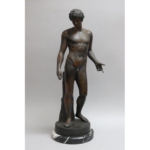 195 - Bronze of Narcissus after the antique, with black and white marble base, approx 65cm H