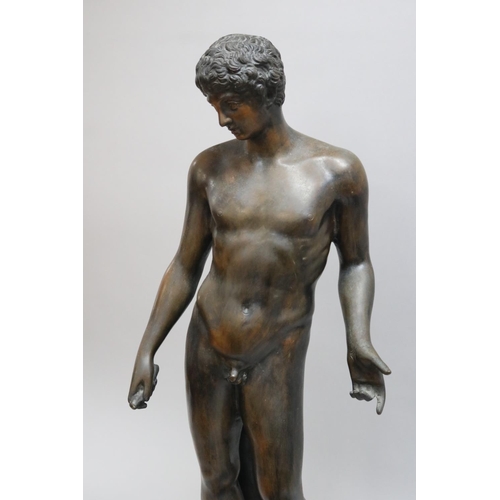 195 - Bronze of Narcissus after the antique, with black and white marble base, approx 65cm H