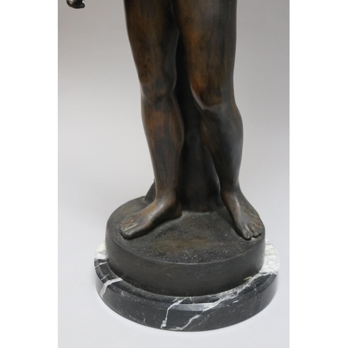 195 - Bronze of Narcissus after the antique, with black and white marble base, approx 65cm H