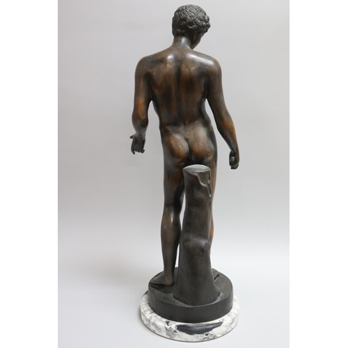 195 - Bronze of Narcissus after the antique, with black and white marble base, approx 65cm H