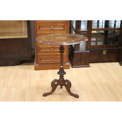 208 - Antique figured walnut floral marquetry inlaid pedestal occasional table, approx 72cm H x 60cm W x 4... 