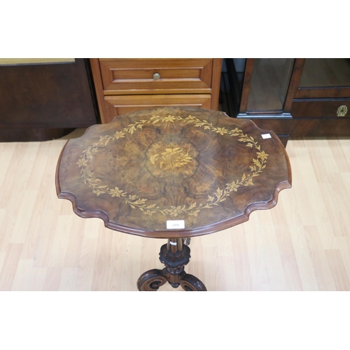 208 - Antique figured walnut floral marquetry inlaid pedestal occasional table, approx 72cm H x 60cm W x 4... 