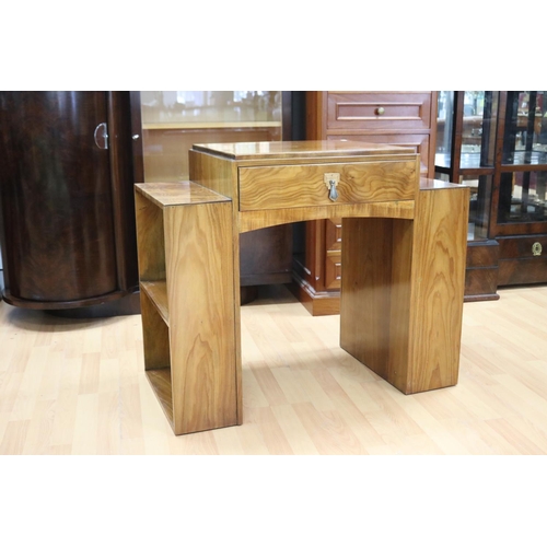 310 - French Art Deco figured walnut combination desk open end bookcase with single central drawer, approx... 