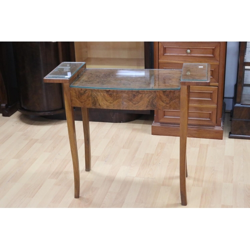 311 - Art Deco figured walnut side table, with single central drawer, stepped sides. Label for 018 Furnitu... 