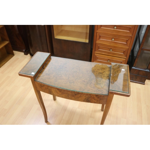 311 - Art Deco figured walnut side table, with single central drawer, stepped sides. Label for 018 Furnitu... 