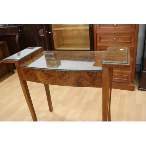311 - Art Deco figured walnut side table, with single central drawer, stepped sides. Label for 018 Furnitu... 
