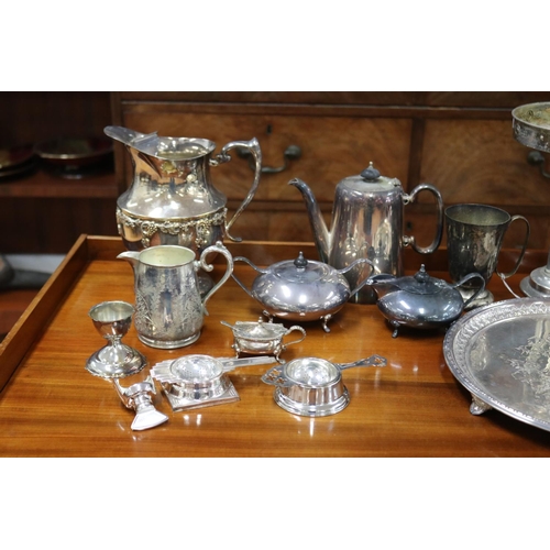 213 - Quantity of silver plate items including a water jug, cream jug, tazza, coffee pot, cream and sugar,... 